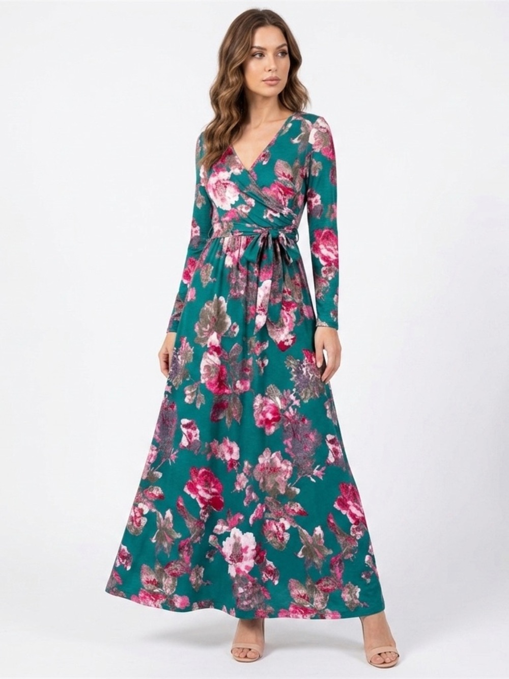 Emerald Teal Floral Wrap Maxi Dress with Pink Blooms